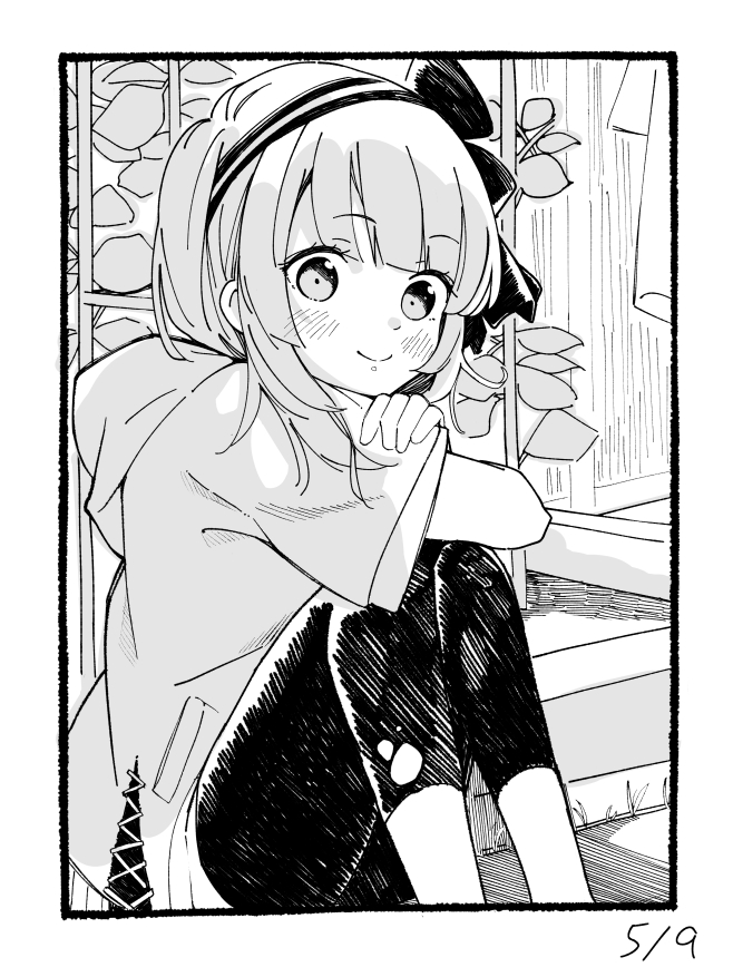 1girl, akagi_rumi, closed_mouth, greyscale, hairband, heaven_burns_red, ikesi4431, looking_at_viewer