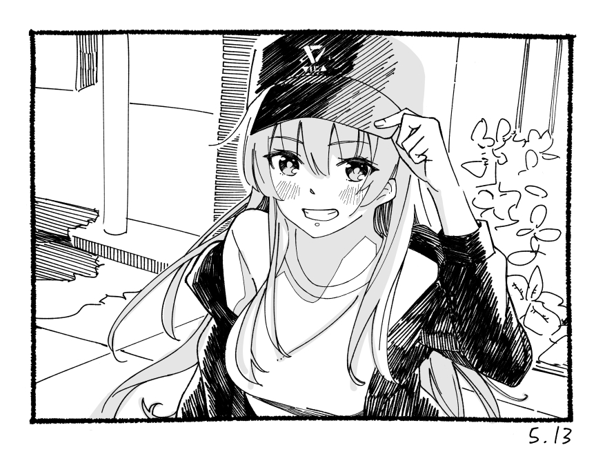 1girl, adjusting_clothes, adjusting_headwear, aikawa_megumi, aikawa_megumi_(casual), greyscale, hat, heaven_burns_red