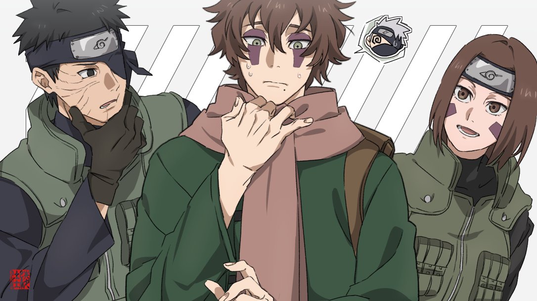 1girl, 2boys, @_@, adjusting_clothes, black_eyes, black_hair, black_shirt, brown_eyes