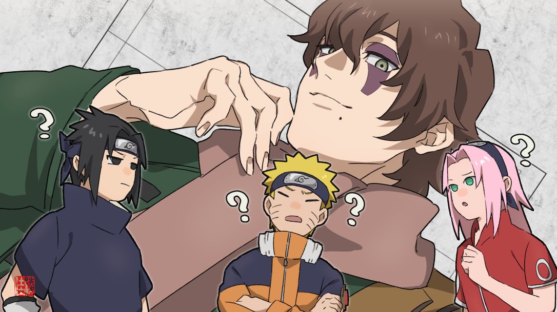 1girl, 3boys, ?, black_eyes, black_hair, black_hairband, black_headband, black_shirt