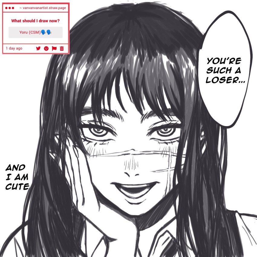 1girl, chainsaw_man, collared_shirt, dessins_ness, english_text, greyscale, highres, long_hair