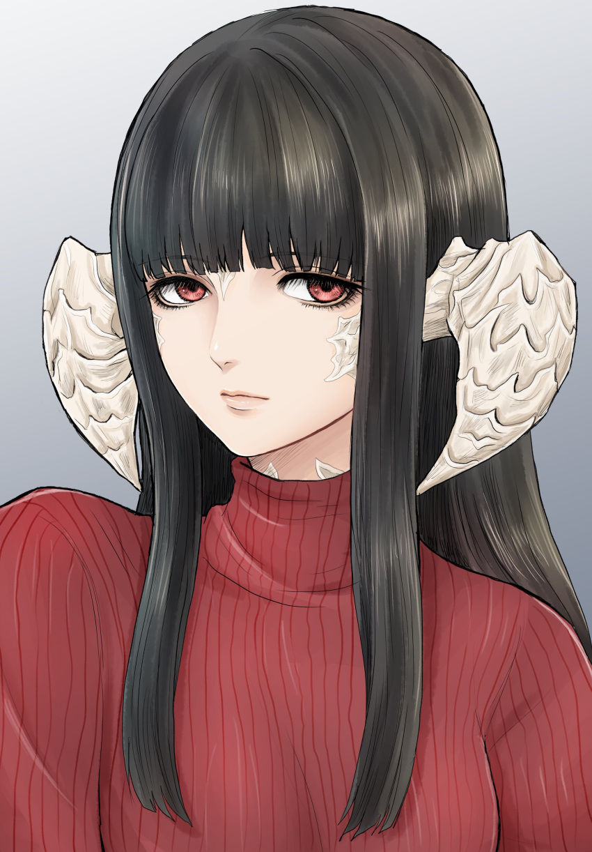 1girl, absurdres, au_ra, black_hair, blunt_bangs, closed_mouth, commentary, expressionless