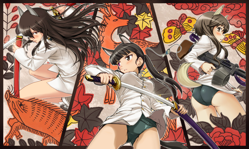 anabuki_tomoko, animal_ears, ass, bare_legs, black_eyes, black_hair, blush, brown_eyes