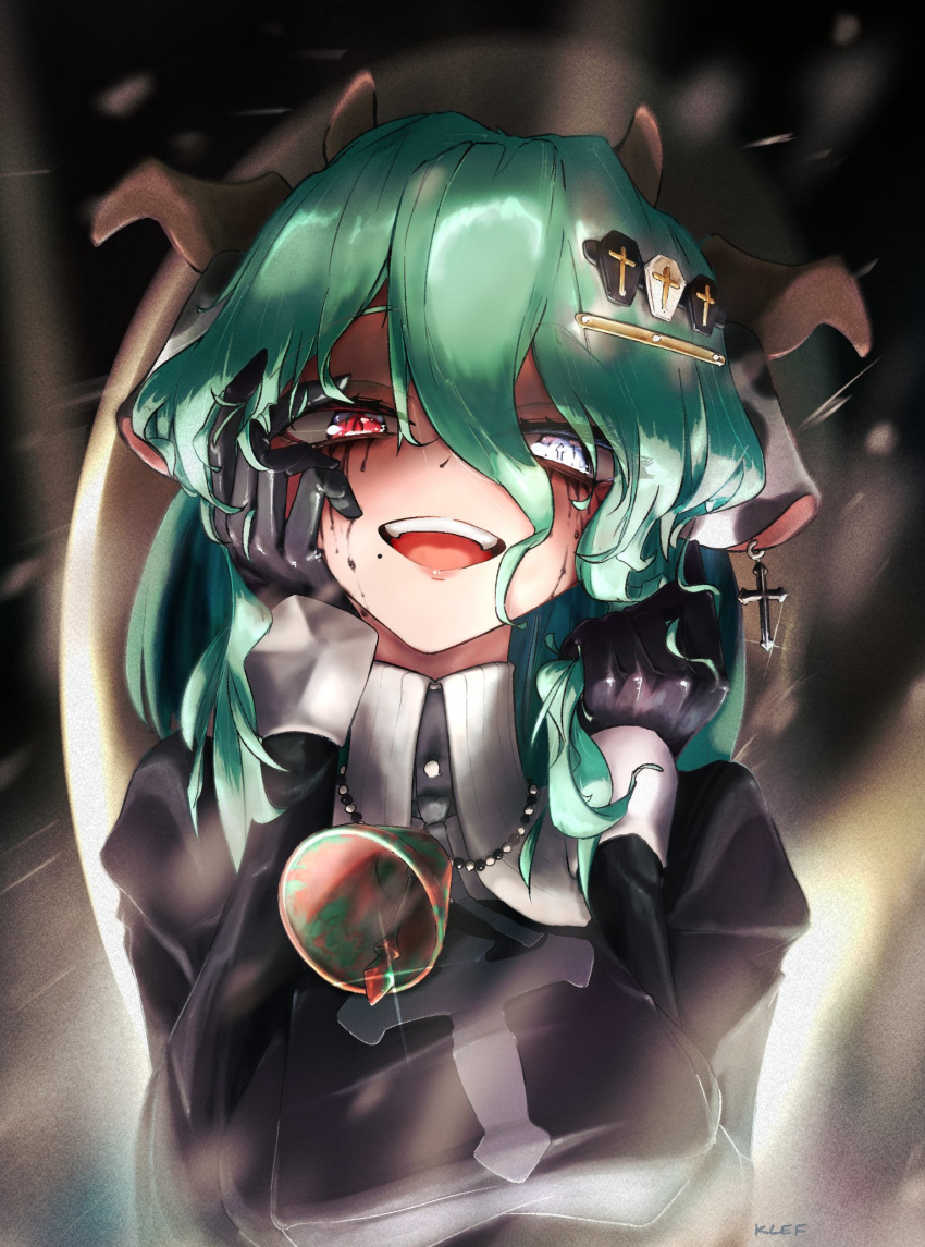1girl, animal_ears, bead_necklace, beads, bell, black_dress, black_gloves, coffin_hair_ornament