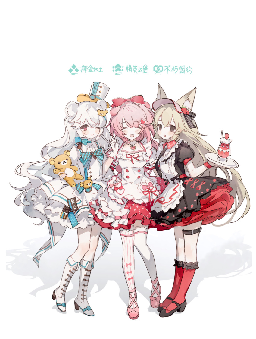 3girls, accurate_lolita_coord, animal_ears, arknights, baiye_zi_zi, bear_ears, bear_girl, bear_hair_ornament, black_dress, boots, bow, breeze_(arknights), breeze_(half-sweet_strawberry)_(arknights), chinese_commentary, chinese_text, closed_eyes, commentary_request, dress, fold-over_boots, food, frilled_bow, frilled_socks, frills, full_body, gloves, goldenglow_(arknights), goldenglow_(party_in_the_garden)_(arknights), hair_bow, hair_ornament, hat, heart, heart_hair_ornament, hello_kitty, highres, holding, holding_stuffed_toy, holding_tray, knee_boots, lace-trimmed_bow, lace_trim, lolita_fashion, long_hair, long_sleeves, looking_at_viewer, multiple_girls, official_alternate_costume, one_eye_closed, open_mouth, parfait, pink_hair, pink_shoes, puffy_short_sleeves, puffy_sleeves, red_bow, red_eyes, rilakkuma, rilakkuma_(series), rosa_(arknights), rosa_(forever_together)_(arknights), sanrio, shoes, short_dress, short_sleeves, simple_background, smile, socks, standing, stronghold_protocol_(arknights), stuffed_animal, stuffed_toy, sweet_lolita, teddy_bear, thigh-highs, thigh_strap, top_hat, translation_request, tray, very_long_hair, visor_cap, white_background, white_boots, white_dress, white_gloves, white_hair, white_hat, white_thighhighs