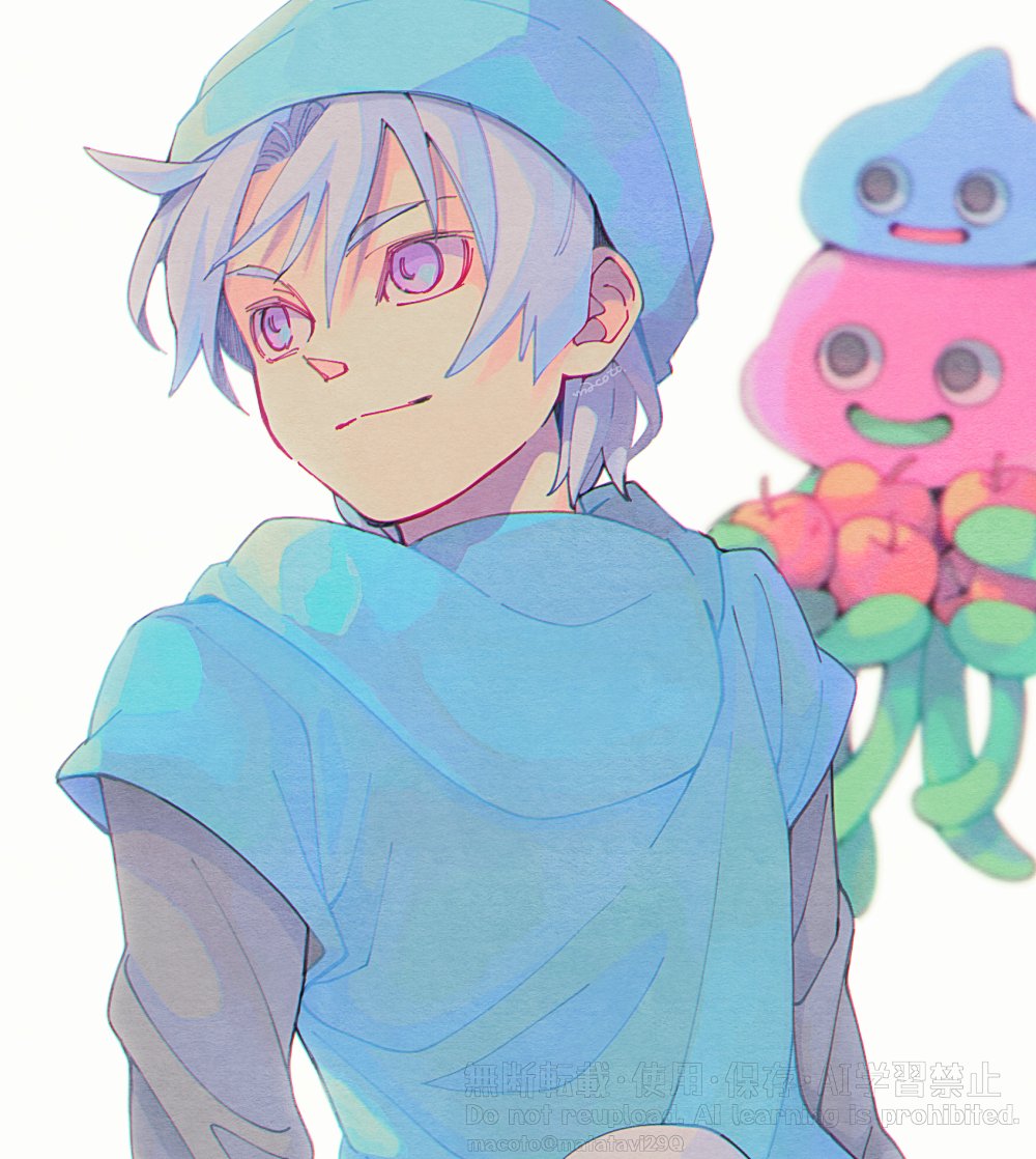 1boy, 29qmatatavi, apple, black_sleeves, blue_hat, blue_shirt, commentary_request, cureslime