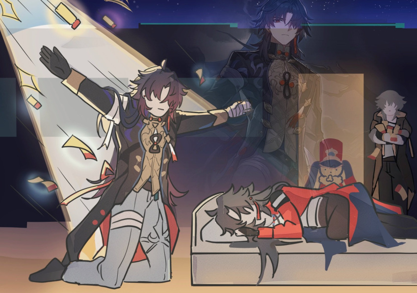 1other, 3boys, bandaged_arm, bandaged_hand, bandaged_leg, bandages, bed, black_jacket