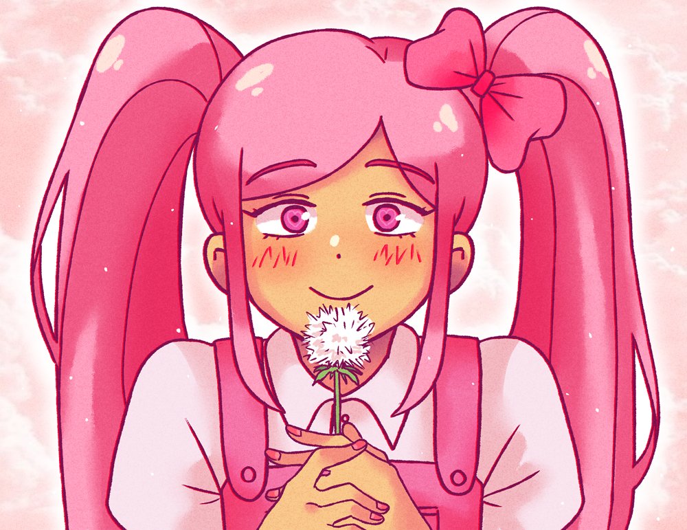 1girl, blush, bow, closed_mouth, clouds, collared_shirt, commentary, daisy_(flower)