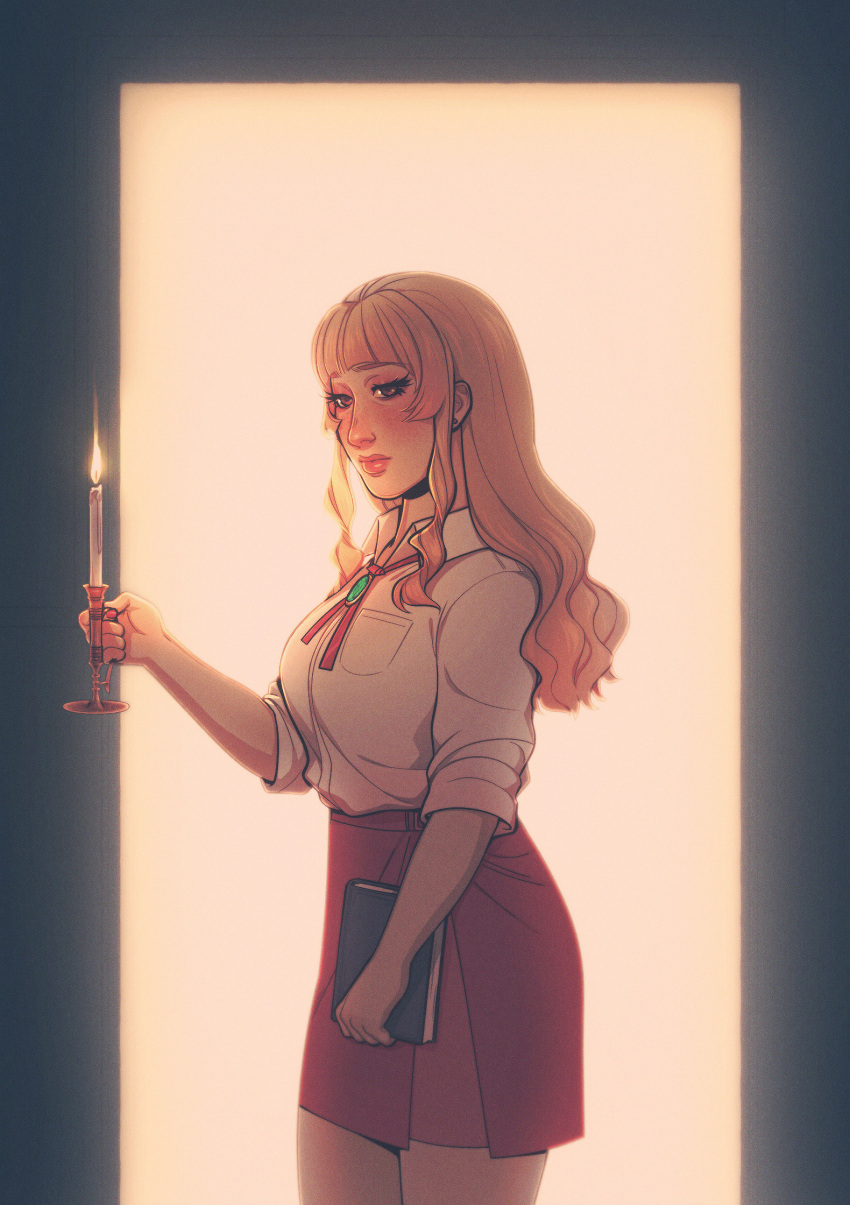 1boy, blonde_hair, blush, breast_padding, candle, commentary, crossdressing, crossdressing_(mtf)
