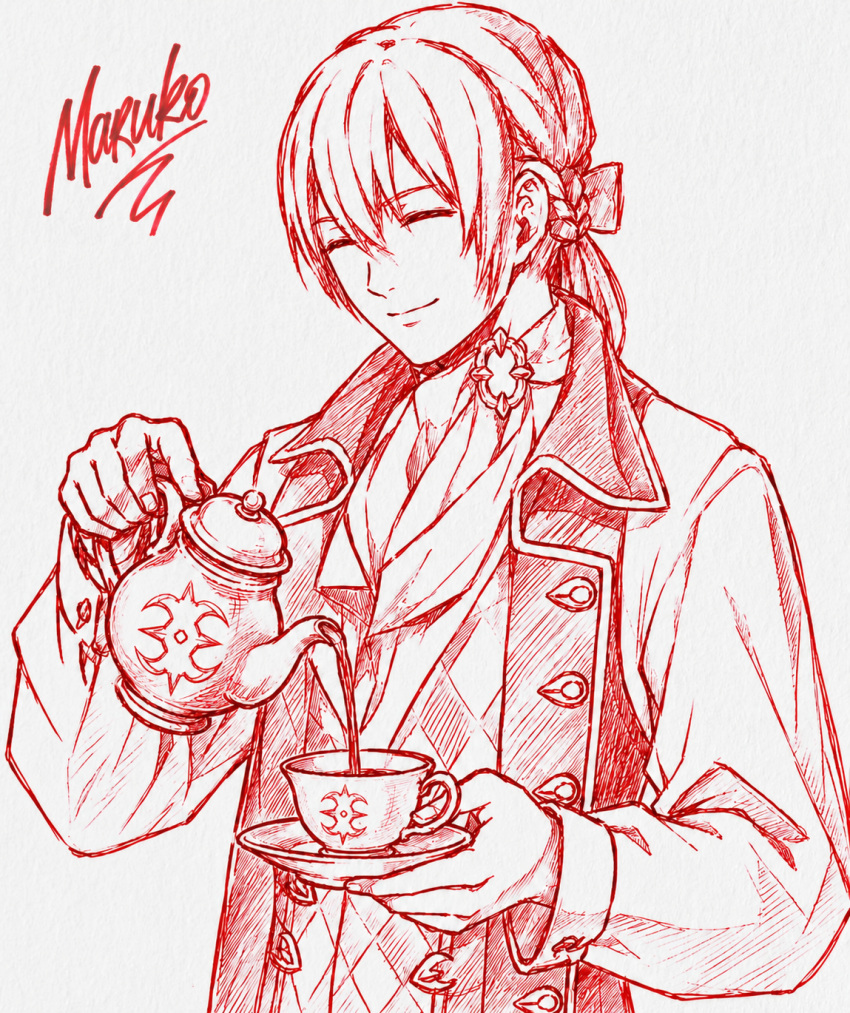 1boy, butler, closed_eyes, closed_mouth, cup, fire_emblem, fire_emblem_fates, grey_hair, highres, holding, holding_plate, holding_teapot, jakob_(fire_emblem), long_hair, low_ponytail, male_focus, plate, ponytail, redpenchaos, solo, teacup, teapot, tuxedo_shirt
