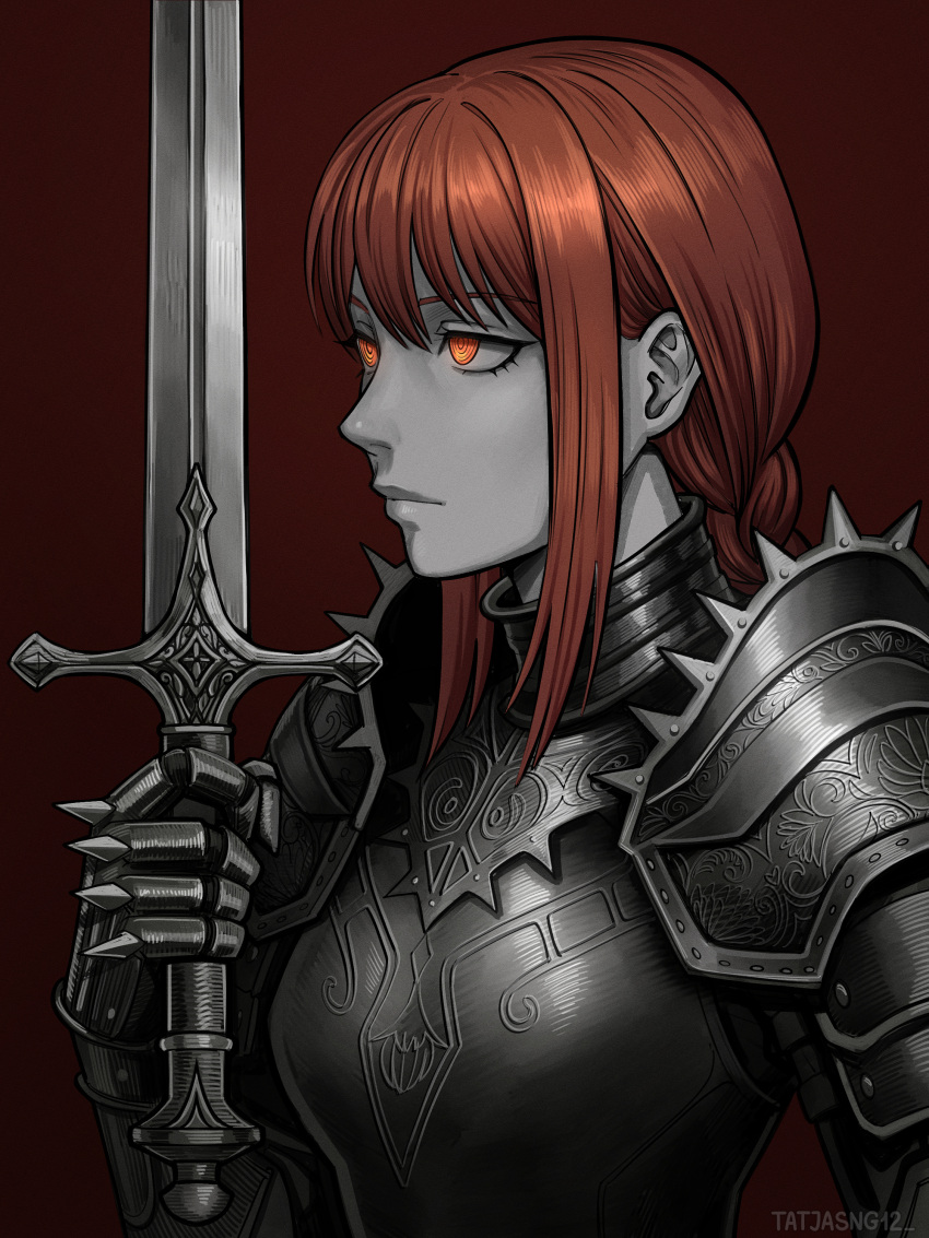1girl, absurdres, armor, artist_name, chainsaw_man, closed_mouth, colored_skin, commentary