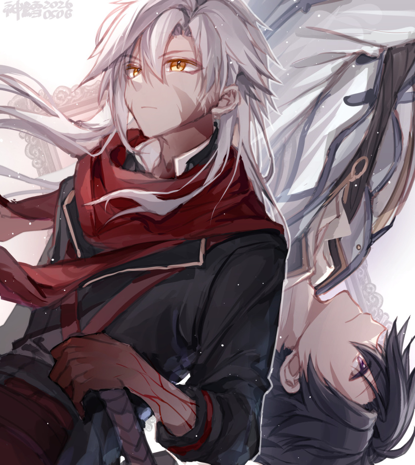 2boys, black_hair, commentary_request, dark_persona, dual_persona, eiyuu_densetsu, floating_hair, hair_between_eyes