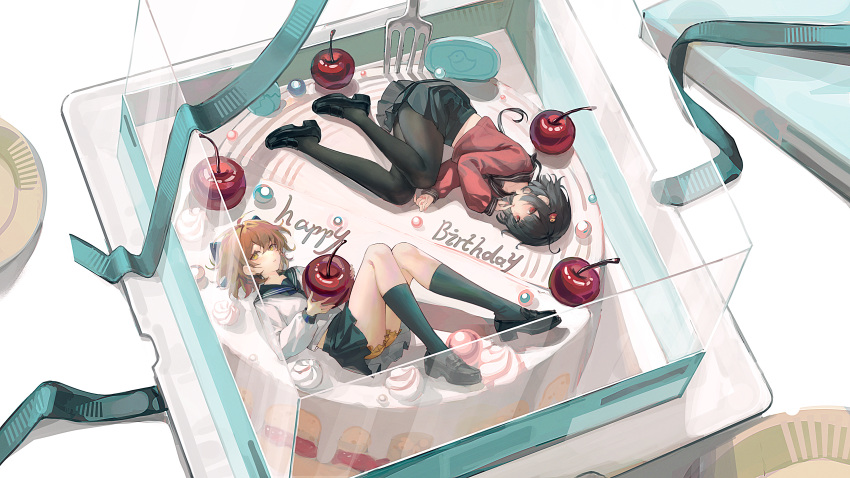 2girls, absurdres, ahoge, aqua_ribbon, birthday_cake, black_hair, black_pantyhose, black_sailor_collar