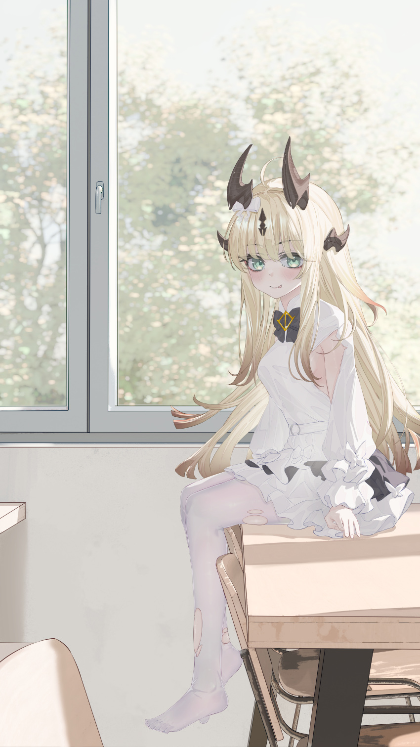 1girl, :p, absurdres, ahoge, arknights, blush, chair, classroom