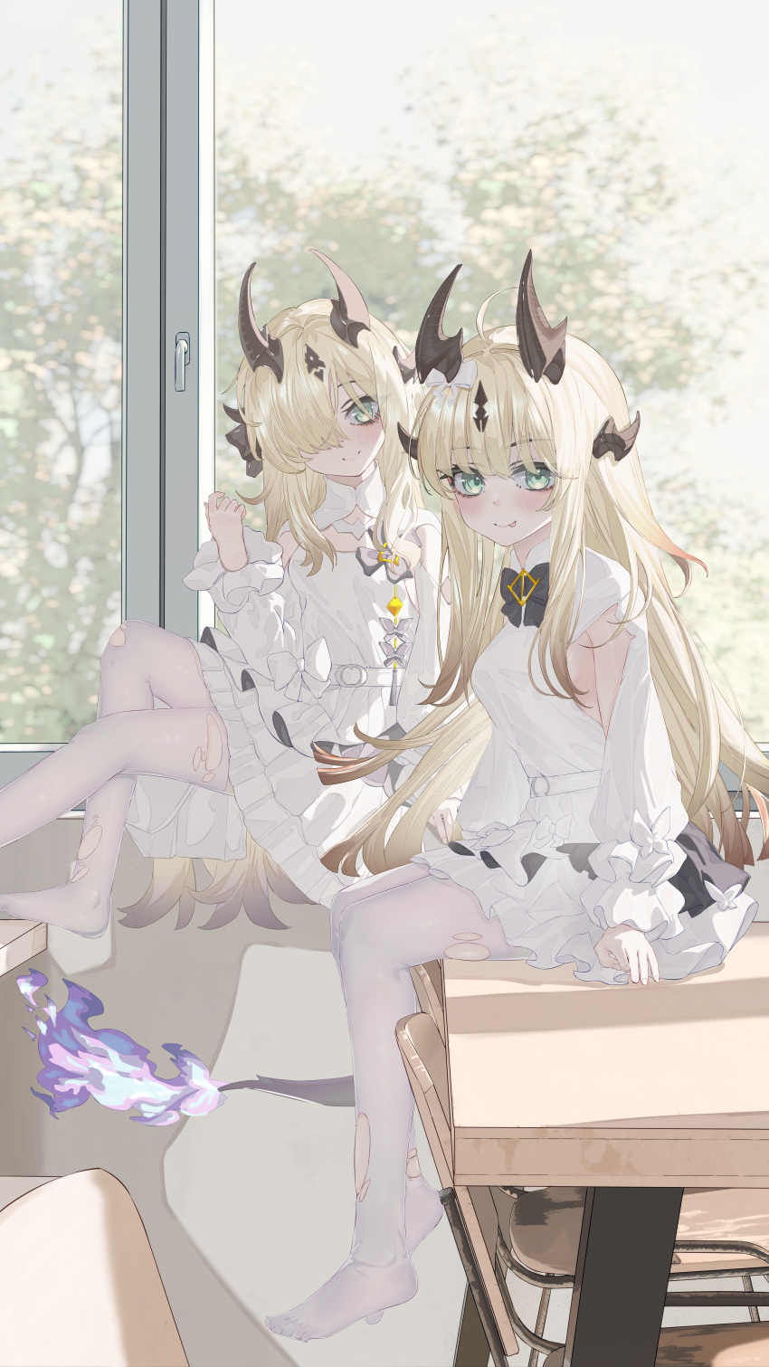 2girls, :p, absurdres, ahoge, arknights, blush, breasts, chair