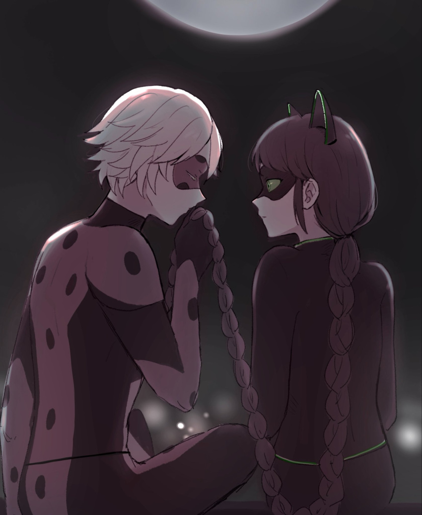 1boy, 1girl, adrien_agreste, black_bodysuit, black_hair, bodysuit, braid, closed_eyes, colored_sclera, commentary_request, eye_mask, green_sclera, highres, kissing_hair, lady_noir, long_hair, marinette_dupain-cheng, mask, miraculous_ladybug, mister_bug_(miraculous_ladybug), red_bodysuit, single_braid, sitting, very_long_hair, zigokunotarow