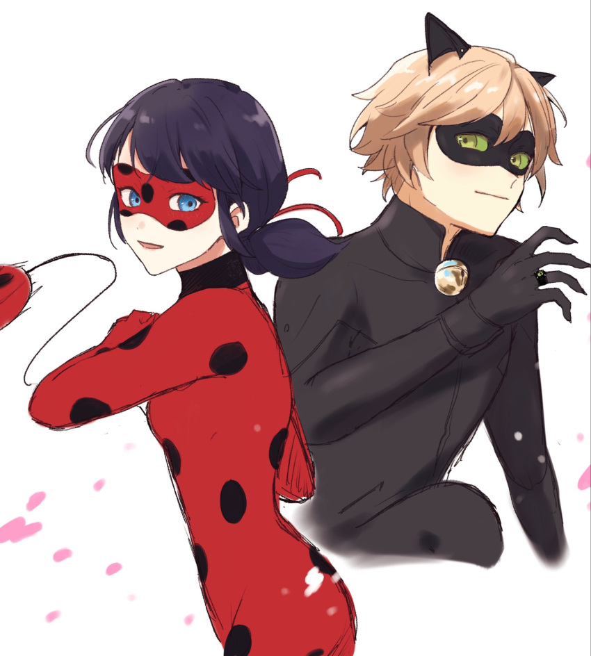 1boy, 1girl, adrien_agreste, animal_ears, bell, black_bodysuit, black_hair, blonde_hair