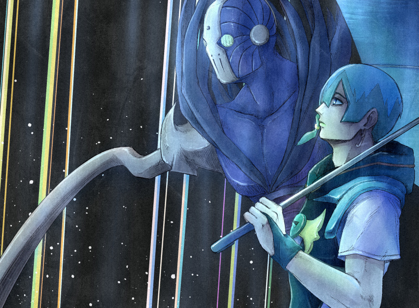 1boy, black_bridal_gauntlets, black_overalls, blue_eyes, blue_hair, blue_umbrella, braid, bridal_gauntlets