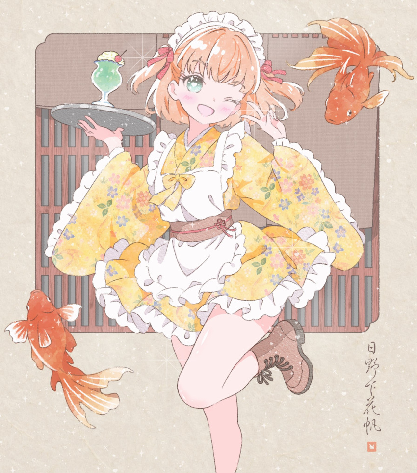 1girl, alfaromio, boots, brown_boots, cafe, commentary_request, dress, fish