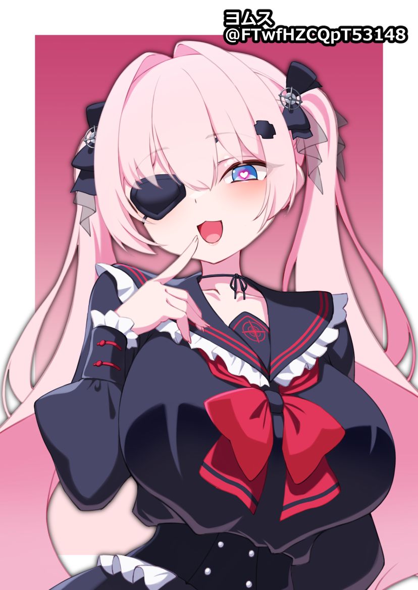 1girl, :3, anis_bennett, black_bow, black_sailor_collar, black_serafuku, black_shirt, blue_eyes