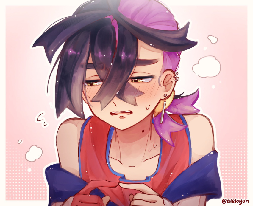 1boy, aiekyun, alternate_hairstyle, black_hair, blush, commentary, crossed_bangs, ear_piercing
