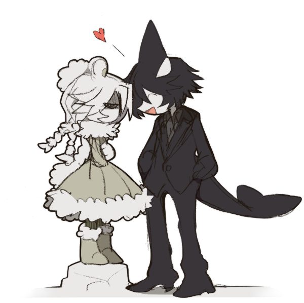 1boy, 1girl, ^_^, animal_ears, annoyed, bear_ears, bear_girl, black_eyes