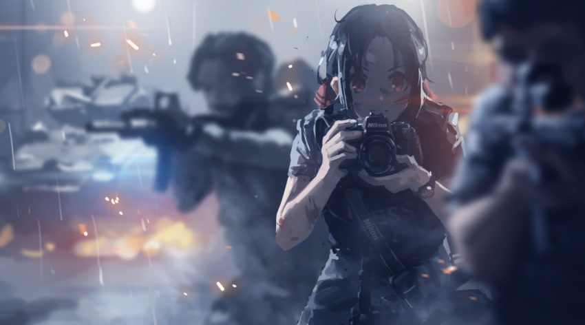 1girl, 2boys, aiming, battle, black_hair, blurry, blurry_background, blurry_foreground