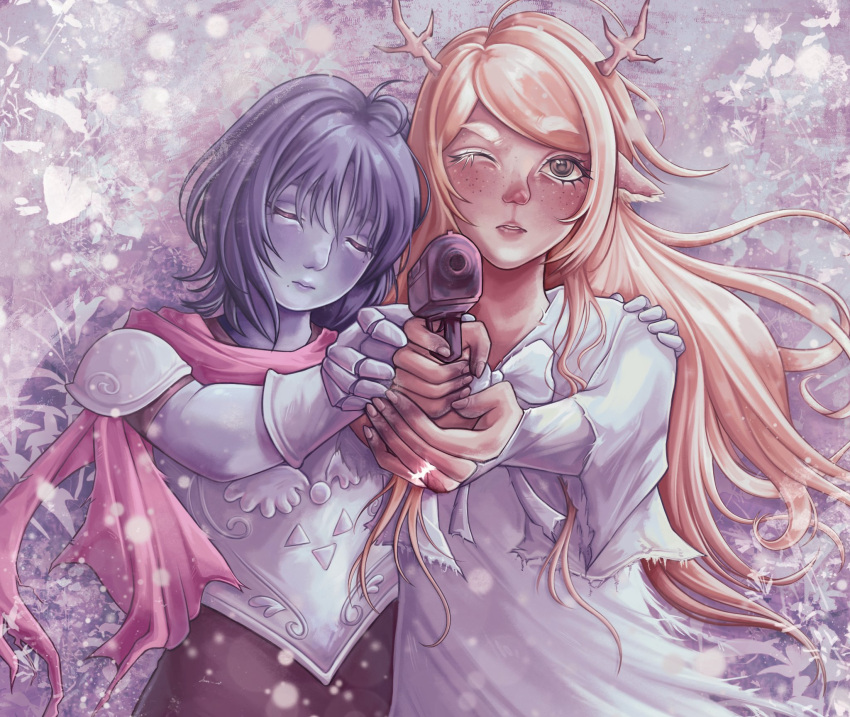 1girl, 1other, antlers, arm_around_shoulder, armor, black_eyes, blonde_hair, blue_hair, blue_skin, bugtenna, closed_eyes, colored_skin, commentary, deer_antlers, deer_girl, delta_rune_(symbol), deltarune, derivative_work, english_commentary, gun, highres, holding, holding_gun, holding_weapon, horns, jewelry, k-pop, kris_(dark_world)_(deltarune), kris_(deltarune), mole, mole_under_mouth, noelle_holiday, noelle_holiday_(dark_world), one_eye_closed, pink_scarf, ring, scarf, thorn_ring_(deltarune), utdr_(toby_fox), weapon, weird_route_(deltarune)