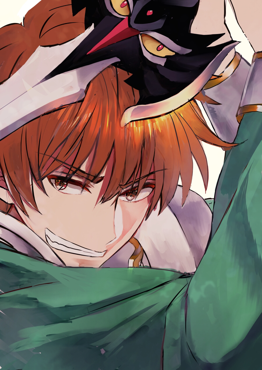 1boy, armor, brown_eyes, brown_hair, chaos_(rance), chaos_(weapon), commentary_request, green_shirt, highres, living_weapon, rance, rance_(series), sawai_fuyu, shirt, short_hair, solo, teeth