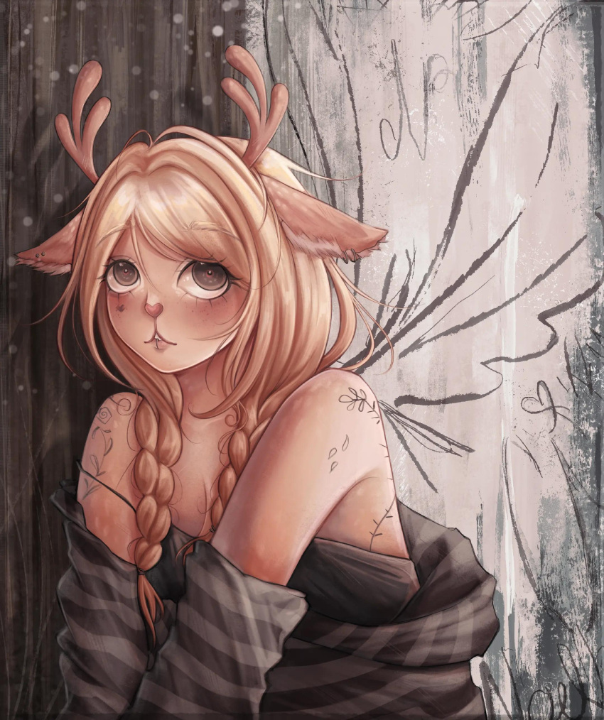 1girl, absurdres, alternate_costume, animal_ears, antlers, black_eyes, braid, bugtenna, commentary, deer_antlers, deer_ears, deer_girl, deltarune, drawn_wings, english_commentary, highres, horns, long_hair, looking_up, noelle_holiday, solo, striped_clothes, tattoo, twin_braids, utdr_(toby_fox)