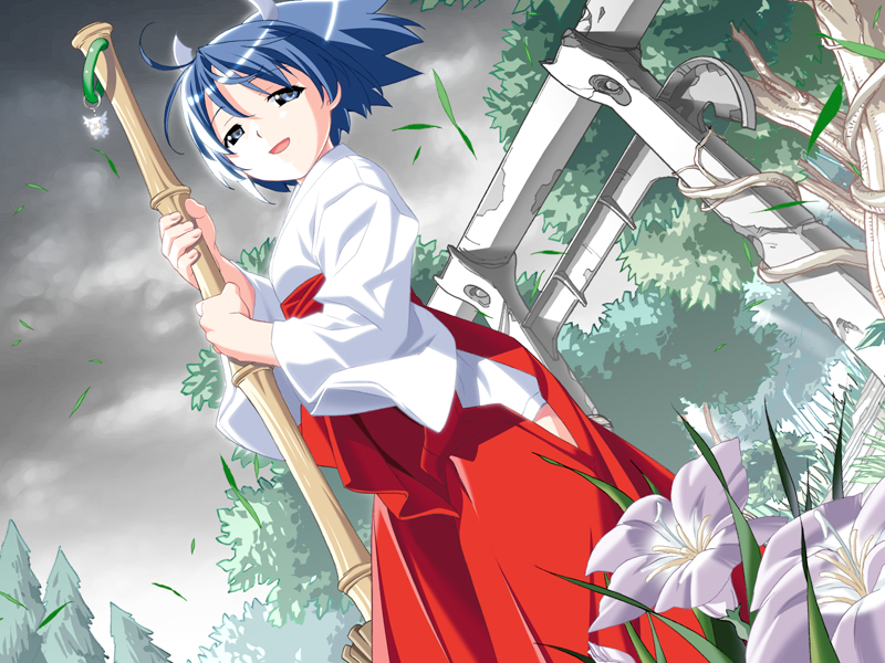 1girl, bamboo_broom, blue_eyes, blue_hair, breasts, broom, clouds, cloudy_sky