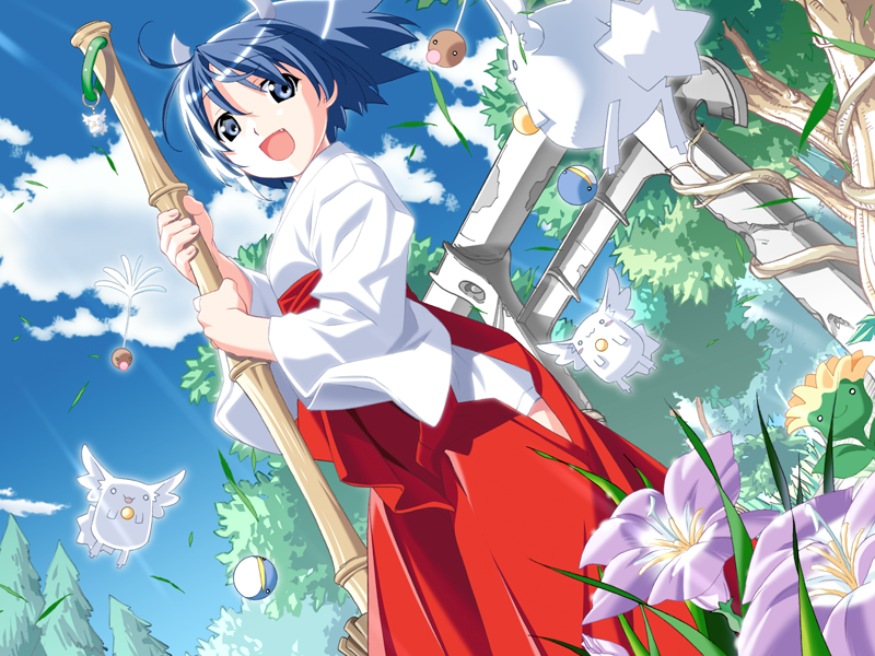 1girl, :d, bamboo_broom, blue_eyes, blue_hair, blue_sky, breasts, broom