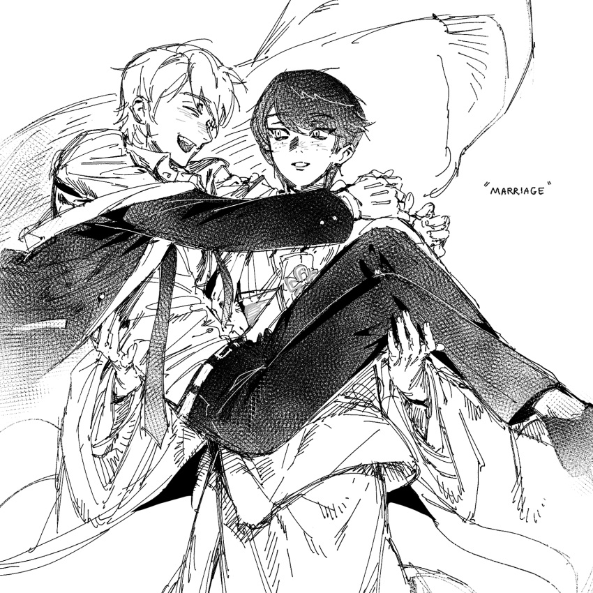 1boy, 1girl, arms_around_neck, carrying, carrying_person, collared_shirt, commentary, couple, dairrhea, english_commentary, english_text, felix_fathom, freckles, greyscale, highres, jacket, japanese_clothes, kagami_tsurugi, miraculous_ladybug, monochrome, pants, shirt, short_hair, smile