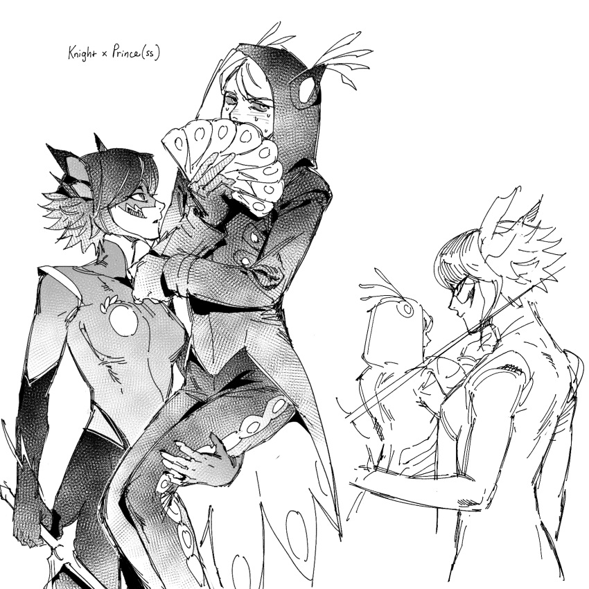 1boy, 1girl, argos_(miraculous_ladybug), blush, carrying, carrying_person, coat, commentary, dairrhea, english_text, eye_mask, felix_fathom, greyscale, hand_fan, hetero, highres, holding, holding_fan, holding_sword, holding_weapon, hood, hood_up, kagami_tsurugi, looking_to_the_side, mask, miraculous_ladybug, monochrome, ryuko_(miraculous_ladybug), short_hair, spiky_hair, superhero_costume, sword, weapon