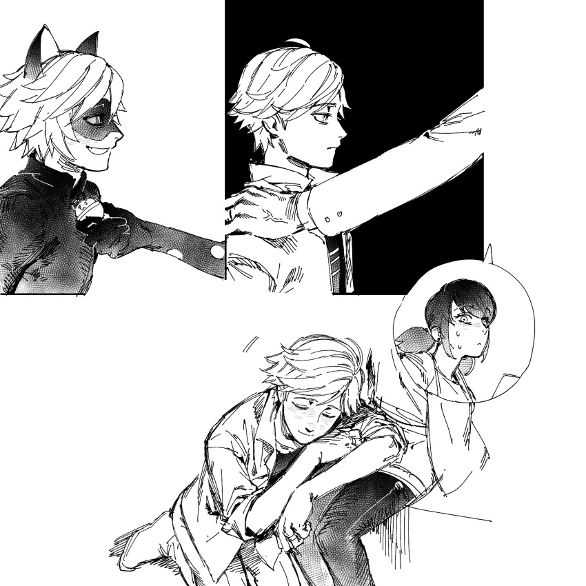 1girl, 2boys, adrien_agreste, animal_ears, bell, bug, cat_ears, chat_noir