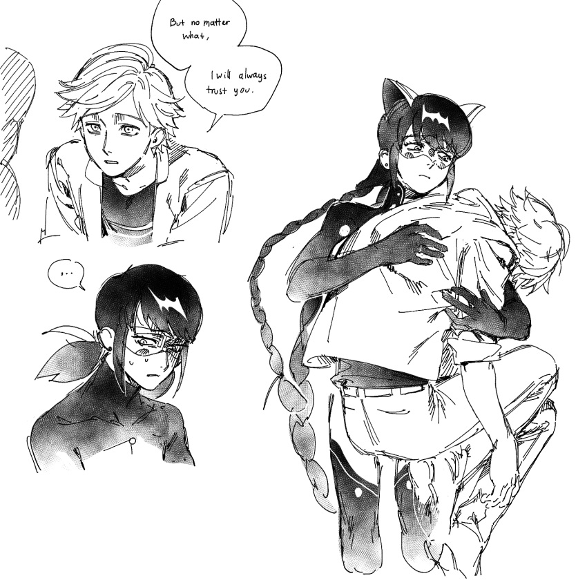 ..., 1boy, 1girl, adrien_agreste, animal_ears, braid, bug_noire, carrying