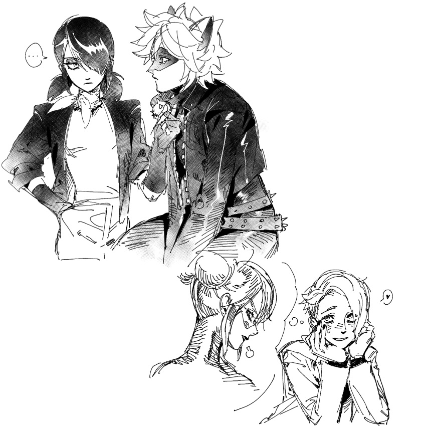 1boy, 1girl, adrien_agreste, animal_ears, asymmetrical_hair, cat_ears, claw_noir, commentary