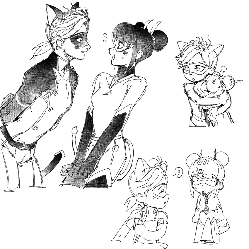 1boy, 1girl, ?, adrien_agreste, animal_ears, blush, cat_ears, chat_walker