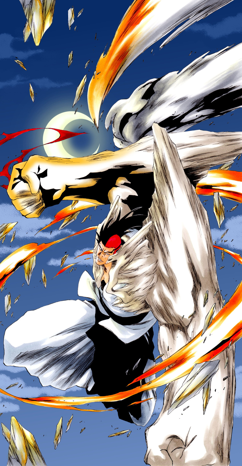 1boy, absurdres, black_hair, bleach, clenched_hands, clouds, commentary, commission, crescent_moon, edrad_liones, english_commentary, fighting_stance, fire, full_body, glowing_fist, hakama, highres, hole_in_chest, hole_on_body, incoming_attack, incoming_punch, japanese_clothes, ken'ichi_(ken1ro_u), kubo_tite_(style), long_hair, looking_at_viewer, male_focus, moon, multicolored_hair, night, nose, official_style, outdoors, parted_lips, punching, pyrokinesis, red_hair, scar, scar_on_face, second-party_source, skeb_commission, sky, smoke, solo, thick_eyebrows, tsurime, two-tone_hair, white_hakama