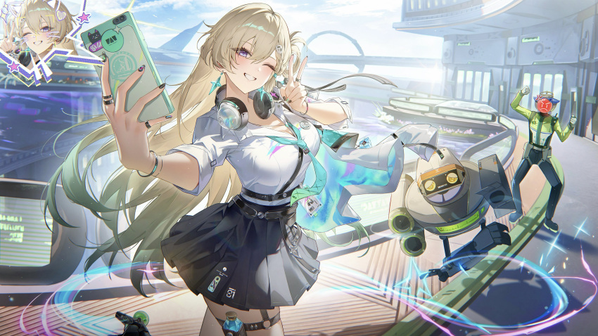 1girl, absurdres, black_nails, black_skirt, blonde_hair, blue_sky, breasts, cellphone