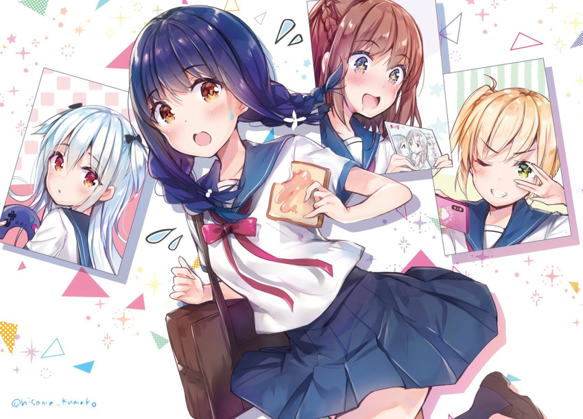 +_+, 4girls, amamiya_rie, bag, black_socks, blonde_hair, blue_hair, bow