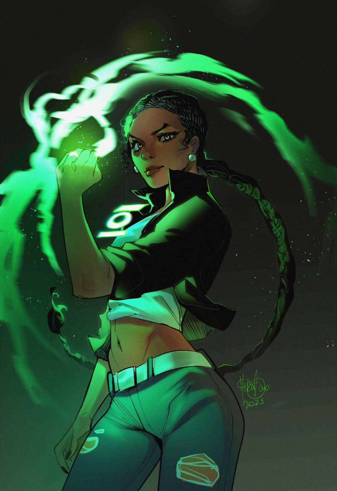 1girl, absolute_dc, absolute_green_lantern, black_hair, black_jacket, clenched_hands, cropped_torso, dark-skinned_female, dark_skin, dc_comics, denim, earrings, green_eyes, green_lantern_(series), highres, jacket, jeans, jewelry, long_hair, looking_at_viewer, midriff, mirka_andolfo, navel, open_clothes, open_jacket, pants, ponytail, shirt, signature, sojourner_mullein_(absolute_dc), solo, torn_clothes, torn_pants, white_shirt