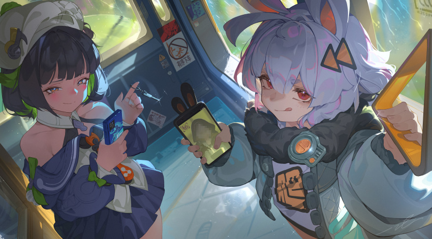 2girls, absurdres, ananta, animal_ears, black_hair, chinese_commentary, coat, colored_inner_hair