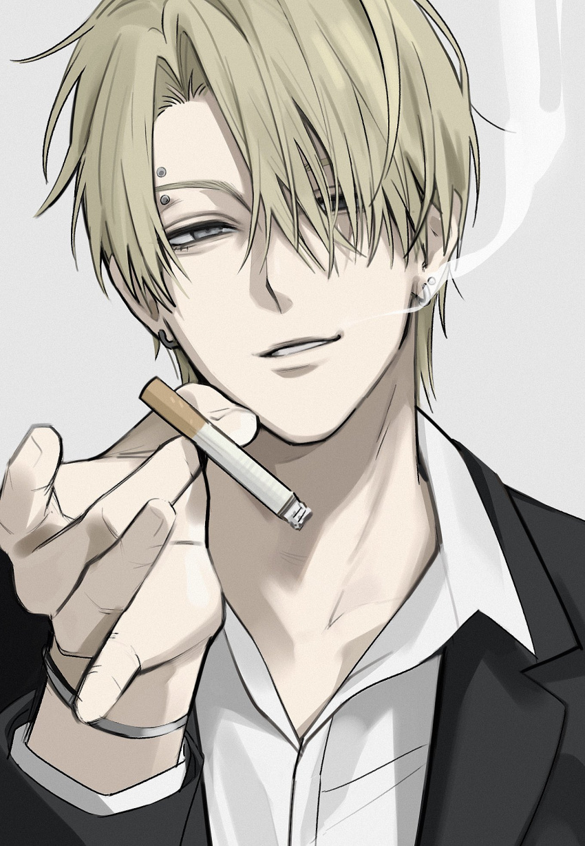 1boy, bangdung, black_jacket, blonde_hair, blue_eyes, cigarette, collared_shirt, commentary