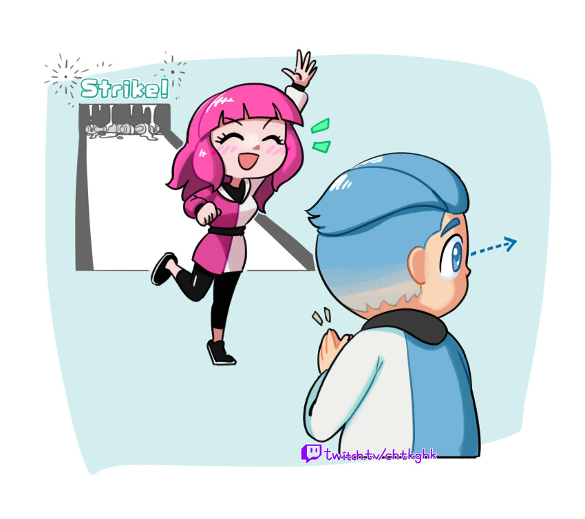 1boy, 1girl, :d, ^_^, absurdres, arm_up, arrow_(symbol), artist_name