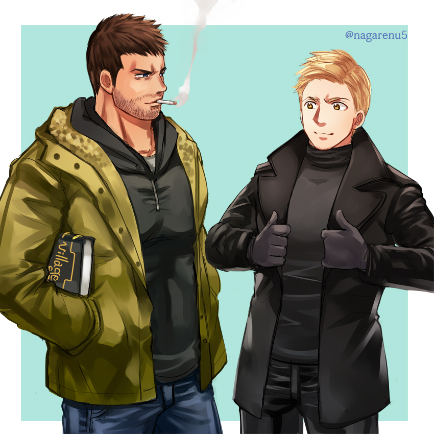 2boys, artist_name, beard_stubble, black_gloves, black_jacket, blonde_hair, blue_background, book