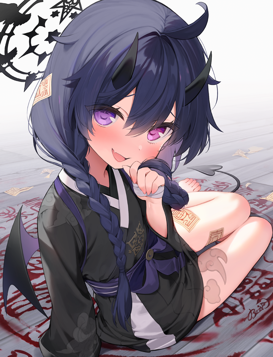 1girl, ahoge, bandaged_hand, bandages, bare_legs, barefoot, black_hair, black_halo, black_horns, black_kimono, blood, blood_on_ground, blush, braid, byulzzi, commentary_request, demon_girl, demon_horns, demon_tail, demon_wings, dot_nose, fang, hair_between_eyes, halo, hand_up, heterochromia, highres, holding_own_hair, horns, japanese_clothes, kimono, kimono_skirt, looking_at_viewer, low_twin_braids, magic_circle, mixed-language_commentary, ofuda, on_floor, on_magic_circle, original, pink_eyes, purple_sash, raised_inner_eyebrows, sash, signature, sitting_on_magic_circle, skin_fang, solo, tail, tilted_halo, twin_braids, violet_eyes, wings, wooden_floor