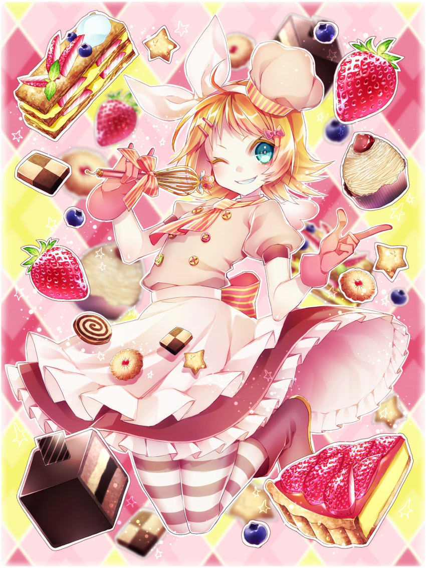 1055, 1girl, alternate_costume, apron, argyle_background, blonde_hair, blue_eyes, chef_hat