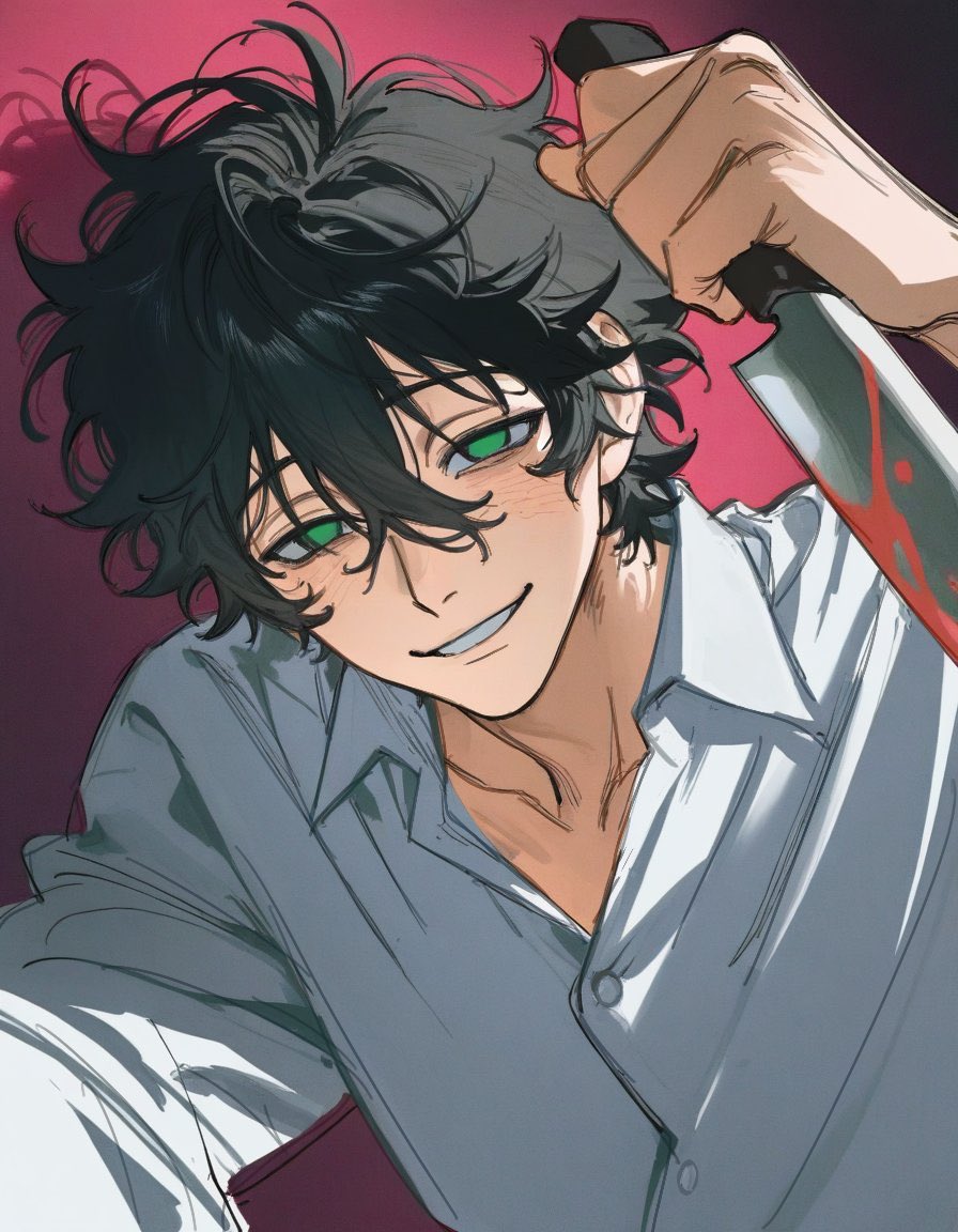 1boy, black_hair, collared_shirt, commentary, degrees_of_lewdity, green_eyes, grin, holding, holding_knife, knife, kylar_(degrees_of_lewdity), kylar_(male)_(degrees_of_lewdity), looking_at_viewer, nhu43606, shirt, short_hair, smile, solo, upper_body, white_shirt