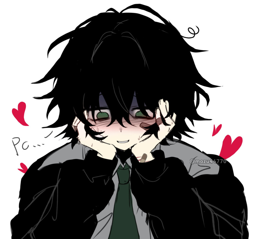 1boy, artist_name, black_hair, black_jacket, collared_shirt, commentary_request, degrees_of_lewdity, green_eyes